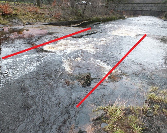 Anderson's where the gap will be widened to approximately the width indicated by the red line. The concrete which is collapsing will be stabilised and the pool below the fall will be deepened by removing bed rock allowing the fish to take off closer to the leap.