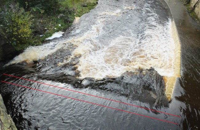 The red lines indicate the approximate location of the swear pipe within the Cheapside Street Dam. We've asked Scottish Water to monitor erosion here and to consider the stabilisation and installation of the new rock ramp fish pass as a priority