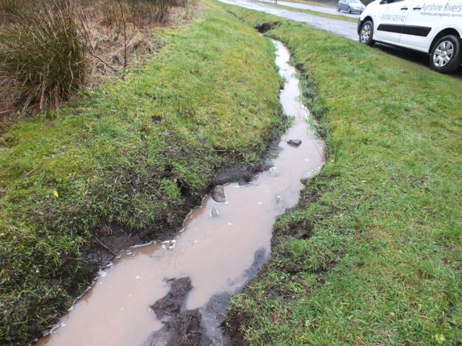 Discharge from the substation site reaching a roadside ditch and eventually the Cummock Burn 