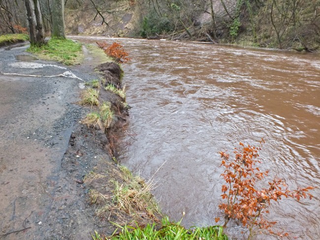 Erosion on the left bank as a result of the landslide debris on the right bank.