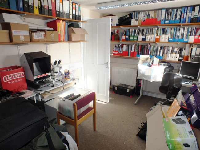 The back office where project staff are based and our scale reading facility is set up. This is also a storage area until we get our sheds sorted in the garden to the rear.