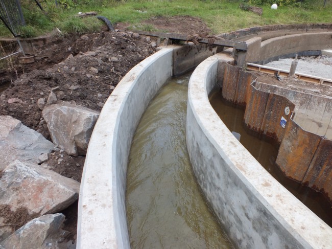 Water flowing through the new extension to the fish pass.