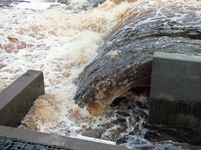 The entrance to the fish pass at 6.20pm. The velocity of water flowing over the dam and espilling back into the river at the entrance to the fish pass will prevent salmon easily finding the ladder.