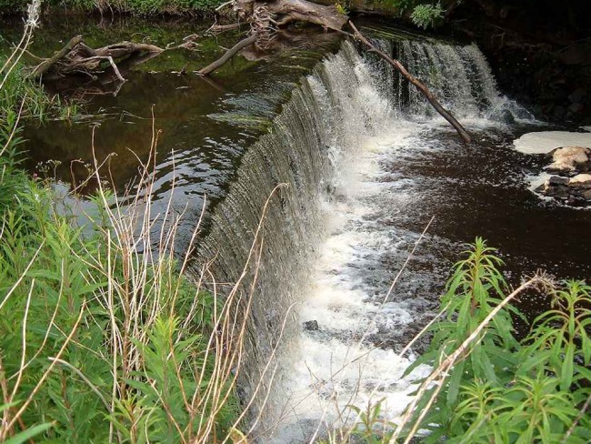 A side view of Seven Acres weir. An old fish pass that used to allow upstream migration has collapsed on the far bank.