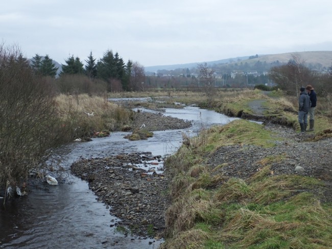 The Muck Water at Dalmellington where the footpath has eroded and the burn threatened to cut a new course towards Bogton Loch.