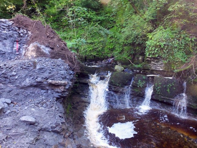 Major excavation are underway beside these falls on the lower burn. These falls were thought to be passable in certain flows